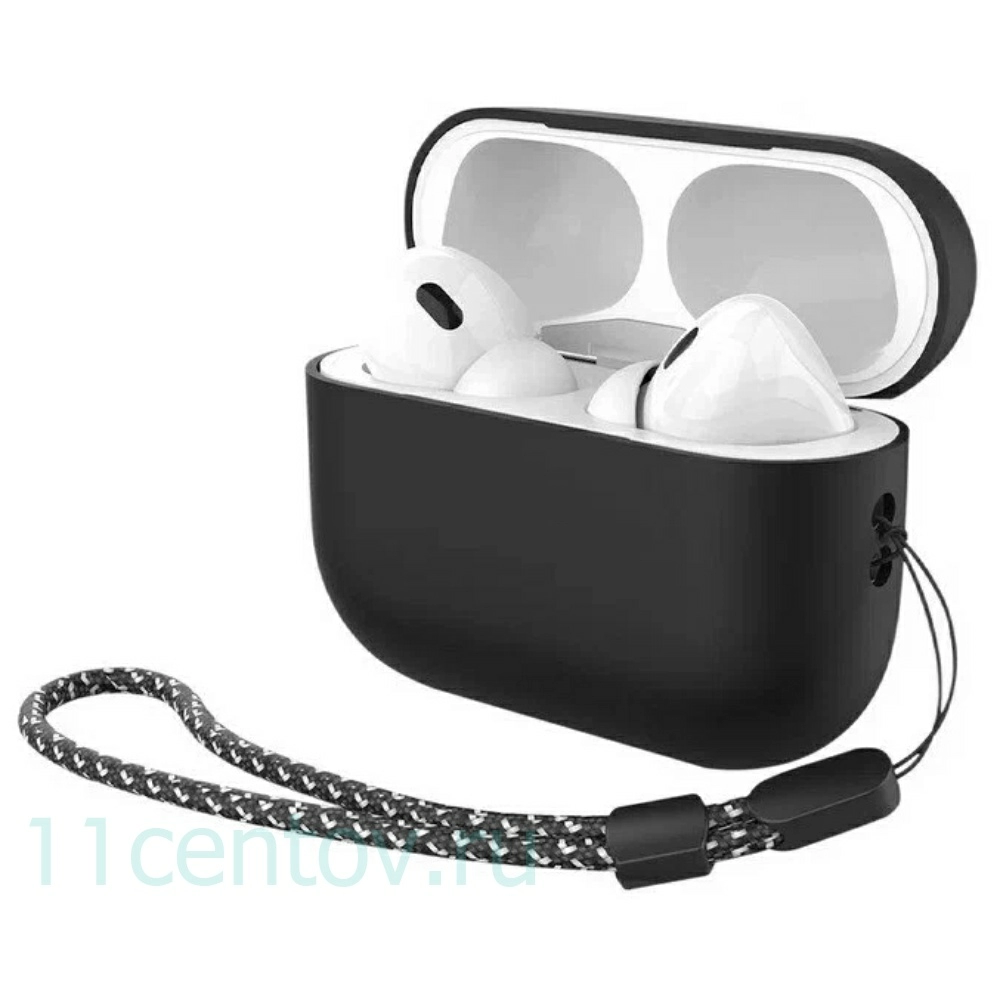 Картинка Силиконовый чехол Deppa c ремешком для AirPods Pro 2 Черный от интернет-магазина электроники «11 Центов»